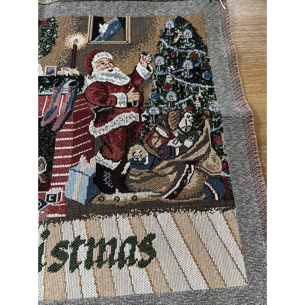 Christmas Fireplace Dog Santa‎ Woven Tapestry Panel Pillow Wall Hanging  18x14